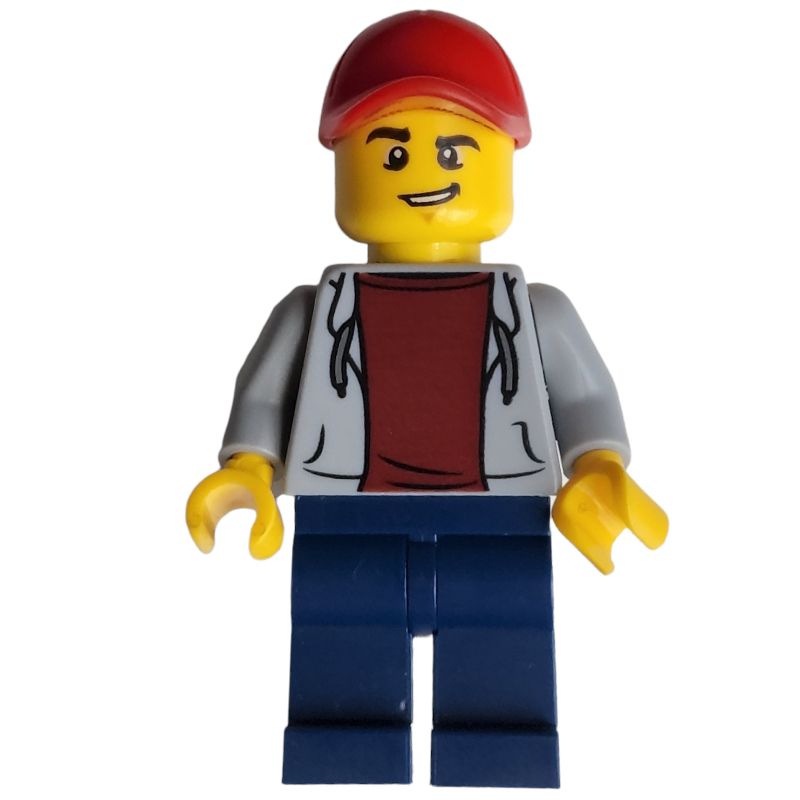 Homme, sweat à capuche gris bleuté clair ouvert sur chemise rouge foncé, jambes bleu foncé, casquette rouge (Man, Open Light Bluish Gray Hoodie over Dark Red Shirt, Dark Blue Legs, Red Cap)