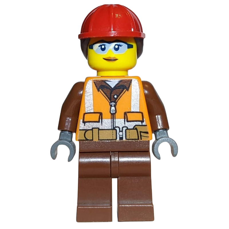 Travailleur de la construction, femme, gilet de sécurité orange avec fermeture éclair sur chemise brun rougeâtre, jambes brun rougeâtre, casque de chantier rouge avec cheveux, lunettes de sécurité (Construction Worker, Woman, Orange Safety Vest with Zipper over Reddish Brown Shirt, Reddish Brown Legs, Red Hard Hat with Hair, Safety Glasses)