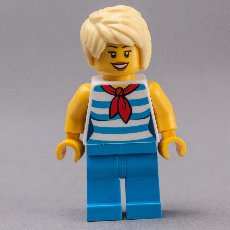 Femme, blanc et sombre débardeur rayé bleu azur avec foulard rouge, jambes azur foncé, cheveux jaune clair vif (Woman, White and Dark Azure Striped Tank Top with Red Neckerchief, Dark Azure Legs, Bright Light Yellow Hair)