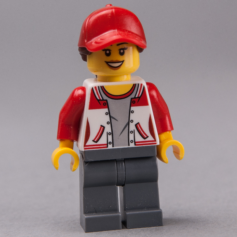 Femme, veste letterman rouge et blanc, jambes gris bleuté foncé, casquette rouge avec cheveux (Woman, Red and White Letterman Jacket, Dark Bluish Gray Legs, Red Cap with Hair)