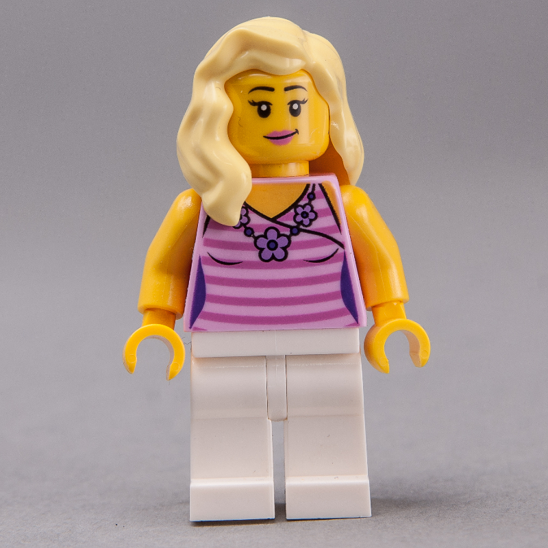 Femme, haut rayé rose vif et rose foncé, jambes blanches, cheveux jaune clair vif (Woman, Bright Pink and Dark Pink Striped Top, White Legs, Bright Light Yellow Hair)