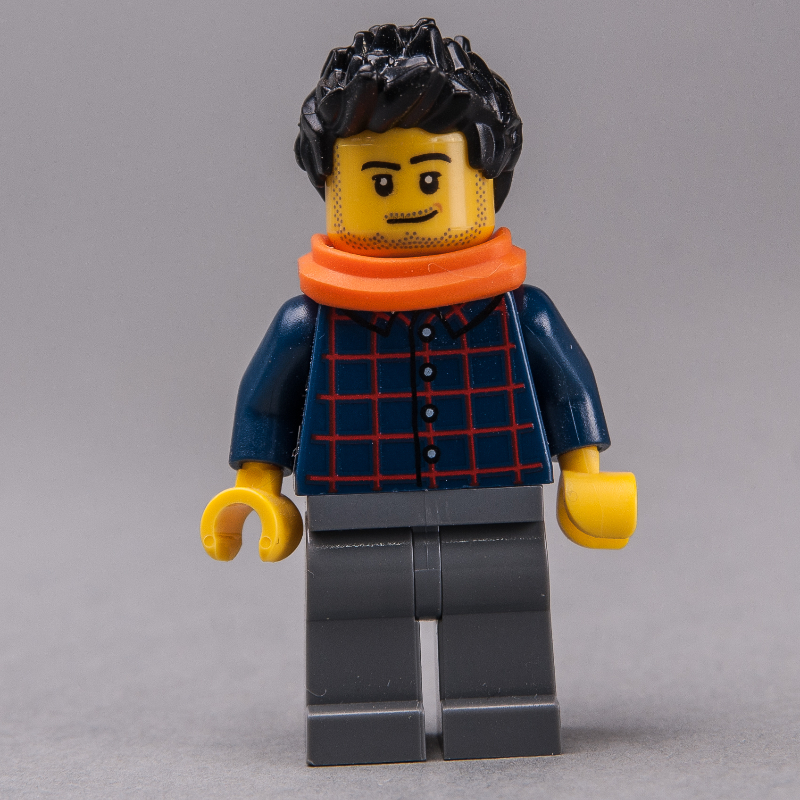Homme, chemise à carreaux bleu foncé, jambes gris bleuté foncé, cheveux noirs, écharpe orange, barbe naissante (Man, Dark Blue Plaid Shirt, Dark Bluish Gray Legs, Black Hair, Orange Scarf, Stubble)