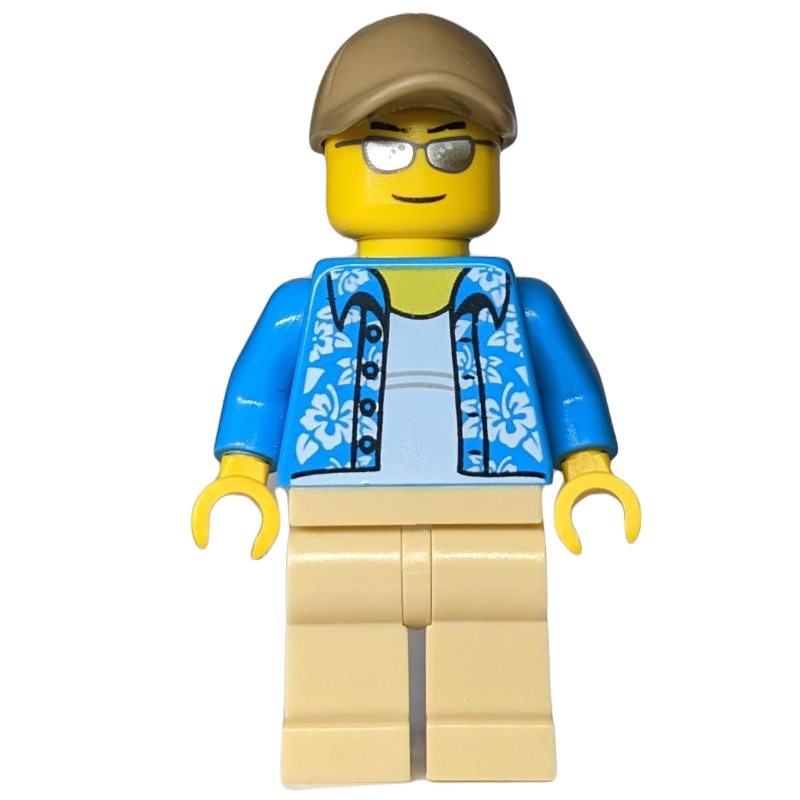 Homme, ouvert chemise hawaïenne azur foncé, jambes beiges, casquette beige foncé, lunettes de soleil argentées (Man, Open Dark Azure Hawaiian Shirt, Tan Legs, Dark Tan Cap, Silver Sunglasses)