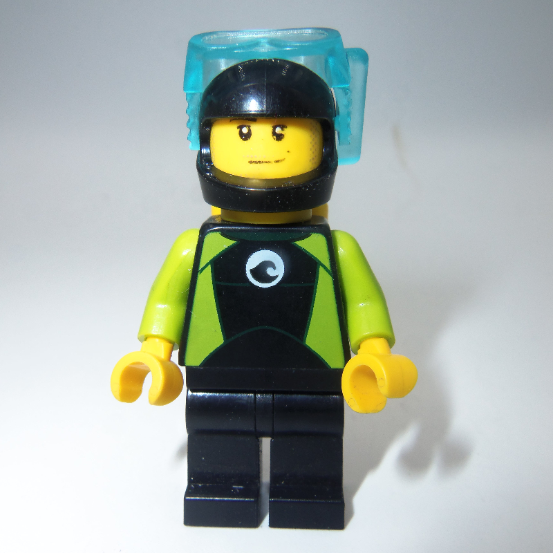 Plongeur, homme, combinaison noire et vert citron, casque noir et masque (Diver, Man, Black and Lime Wetsuit, Black Helmet and Mask)