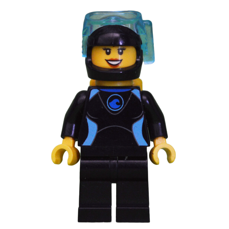 Plongeur, femme, combinaison noire et azur, casque noir avec masque (Diver, Woman, Black And Azure Wetsuit, Black Helmet with Mask)
