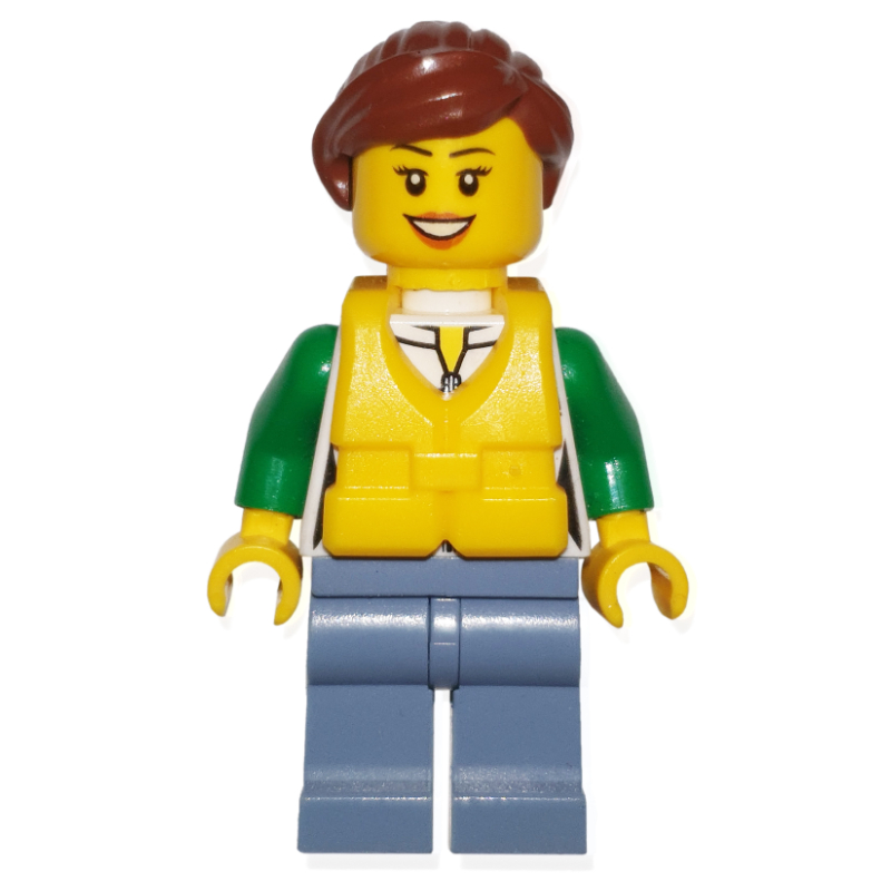 Femme, veste verte et blanche avec fermeture à glissière, jambes bleu sable, cheveux bruns rougeâtres, gilet de sauvetage jaune (Woman, Green and White Jacket with Zipper, Sand Blue Legs, Reddish Brown Hair, Yellow Life Vest)