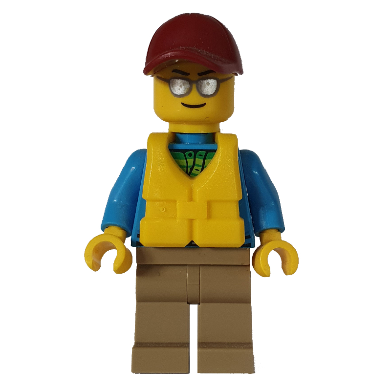 Homme, sweat à capuche ouvert bleu azur sur chemise vert citron, jambes beige foncé, casquette rouge foncé, gilet de sauvetage jaune, lunettes de soleil argentées (Man, Open Dark Azure Hoodie over Lime Shirt, Dark Tan Legs, Dark Red Cap, Yellow Life Vest, Silver Sunglasses)