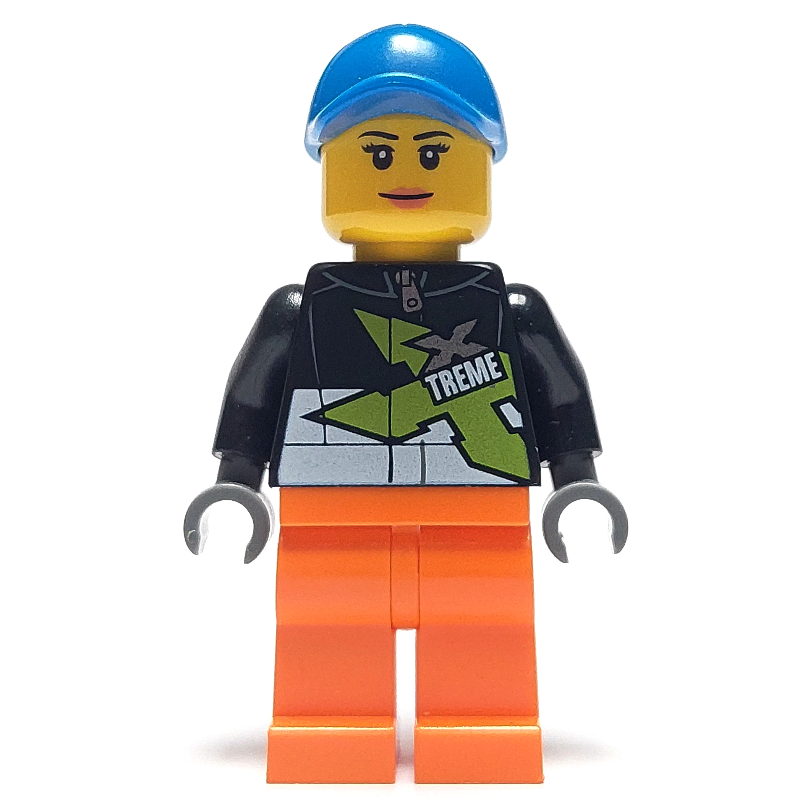 Pilote de course, femme, veste noire avec logo de l'équipe extrême, jambes orange, casquette bleue (Racer, Woman, Black Jacket with Extreme Team Logo, Orange Legs, Blue Cap)