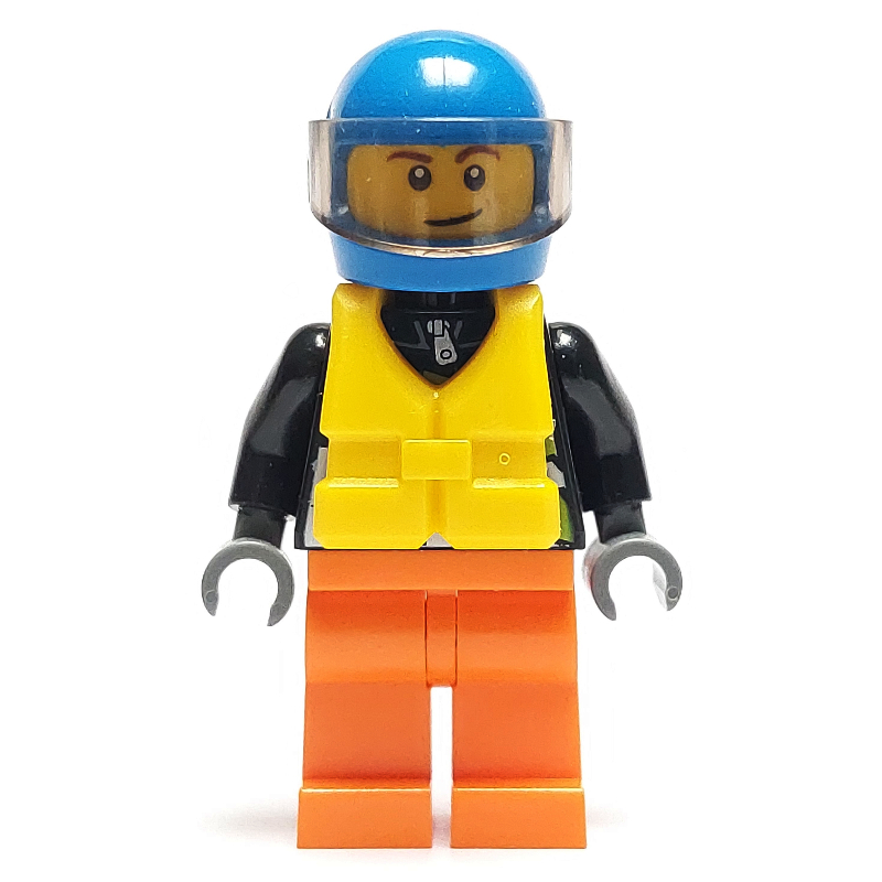 Pilote de course, veste noire avec logo d'équipe extrême, jambes orange, casque bleu avec visière, gilet de sauvetage jaune (Racer, Black Jacket with Extreme Team Logo, Orange Legs, Blue Helmet with Visor, Yellow Life Vest)