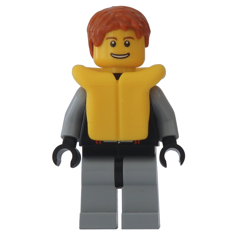 Homme, combinaison gris bleuté noir et clair, cheveux orange foncé, gilet de sauvetage jaune (Man, Black and Light Bluish Gray Wetsuit, Dark Orange Hair, Yellow Life Vest)