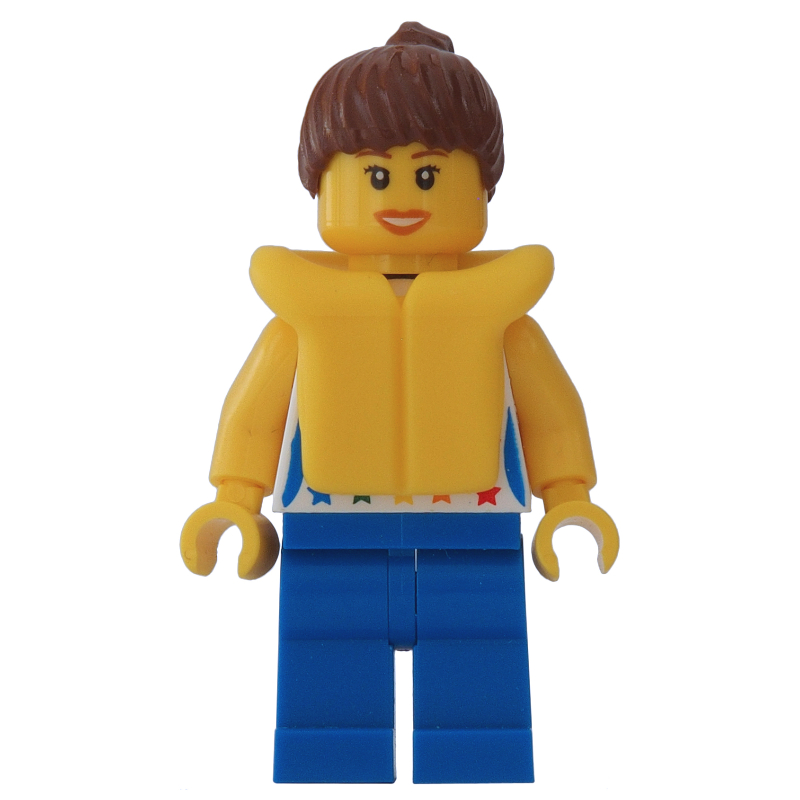 Femme, gilet blanc avec étoiles, jambes bleues, cheveux brun rougeâtre, gilet de sauvetage jaune (Woman, White Vest with Stars, Blue Legs, Reddish Brown Hair, Yellow Life Vest)