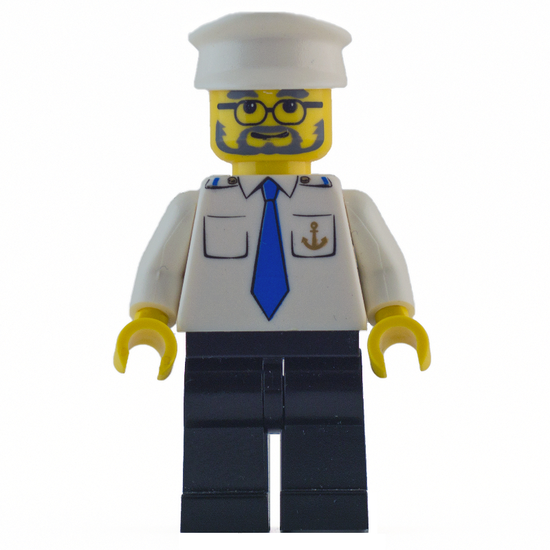 Capitaine de navire, chemise blanche avec ancre et cravate, jambes noires, chapeau blanc, barbe et lunettes (Ship Captain, White Shirt with Anchor and Tie, Black Legs, White Hat, Beard and Glasses)