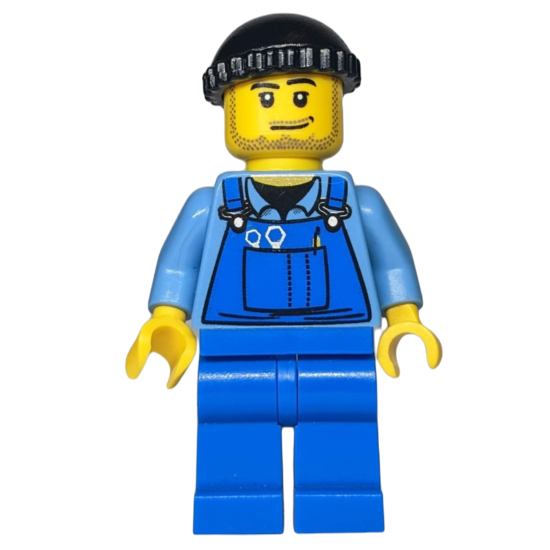 Homme, salopette bleue sur chemise, jambes bleues, chapeau noir, barbe naissante (Man, Blue Overalls over Shirt, Blue Legs, Black Hat, Stubble)