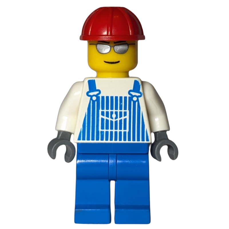 Homme, salopette rayée bleue et blanche, chapeau rigide rouge, lunettes de soleil argentées (Man, Blue and White Striped Overalls, Red Hard Hat, Silver Sunglasses)