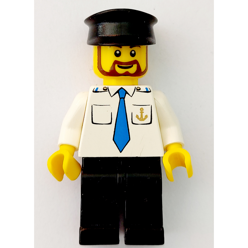 Capitaine de navire, chemise blanche avec ancre et cravate, jambes noires, chapeau noir, barbe (Ship Captain, White Shirt with Anchor and Tie, Black Legs, Black Hat, Beard)