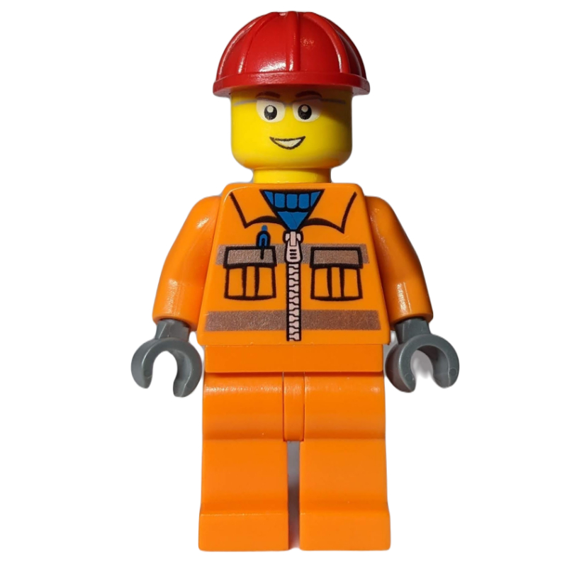 Travailleur de la construction, veste orange avec fermeture à glissière et rayures réfléchissantes, casque de chantier rouge, lunettes (Construction Worker, Orange Jacket with Zipper and Reflective Stripes, Red Hard Hat, Glasses)