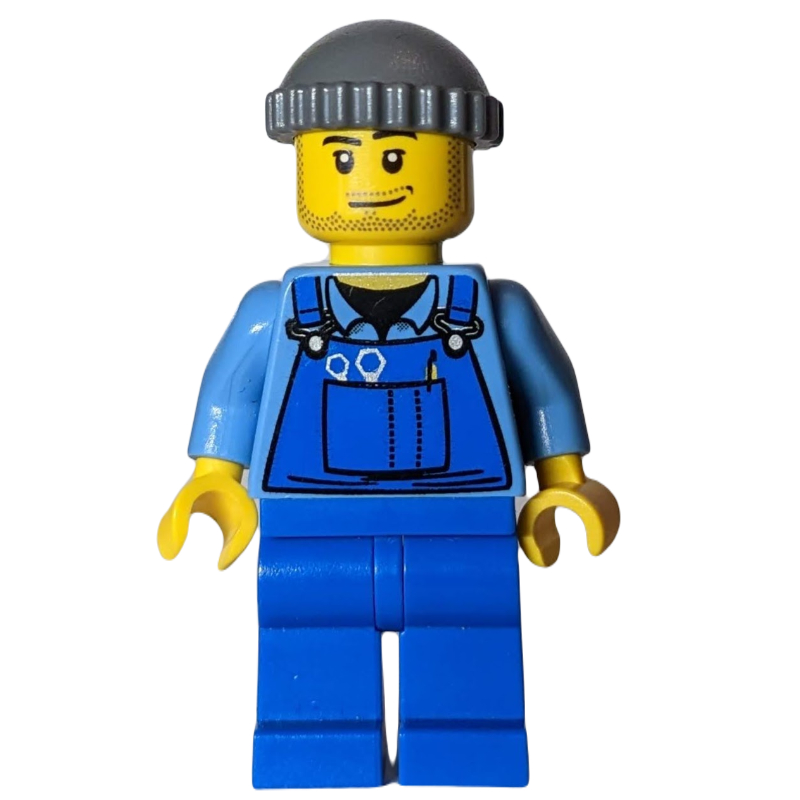Homme, salopette bleue sur chemise, jambes bleues, chapeau gris bleuté foncé, barbe naissante (Man, Blue Overalls over Shirt, Blue Legs, Dark Bluish Gray Hat, Stubble)