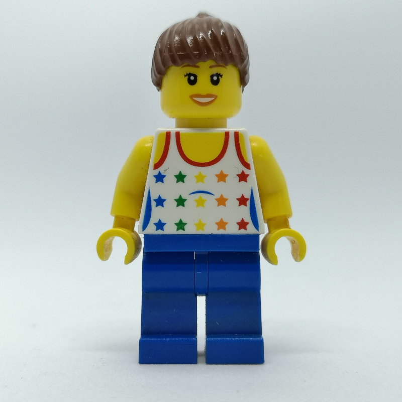 Femme, gilet blanc avec étoiles, jambes bleues, cheveux brun rougeâtre (Woman, White Vest with Stars, Blue Legs, Reddish Brown Hair)