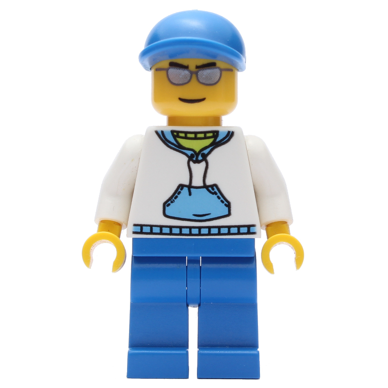 Homme, sweat à capuche blanc et bleu, jambes bleues, casquette bleue, lunettes de soleil argentées (Man, White and Blue Hoodie, Blue Legs, Blue Cap, Silver Sunglasses)