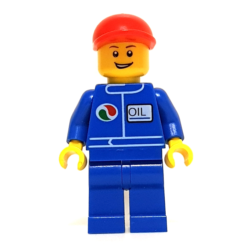 Combinaison de course, bleu avec logo Octan, casquette rouge, bouche ouverte (Racer, Blue Jumpsuit with Octan Logo, Red Cap, Open Mouth)