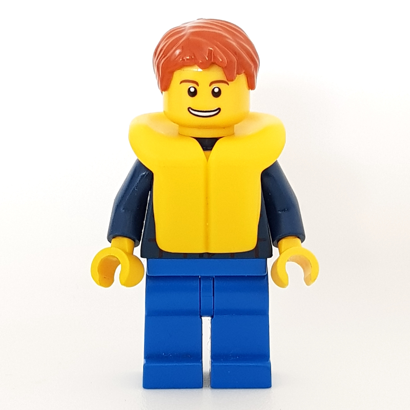 Homme, chemise à carreaux bleu foncé, jambes bleues, cheveux orange foncé, gilet de sauvetage jaune (Man, Dark Blue Plaid Shirt, Blue Legs, Dark Orange Hair, Yellow Life Vest)