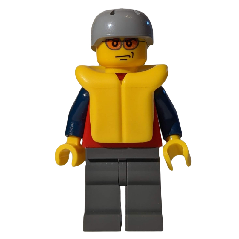 Homme, haut rouge avec bras bleu foncé, jambes gris bleuté foncé, casque gris bleuté clair, gilet de sauvetage jaune, lunettes de soleil orange (Man, Red Top with Dark Blue Arms, Dark Bluish Gray Legs, Light Bluish Gray Helmet, Yellow Life Vest, Orange Sunglasses)
