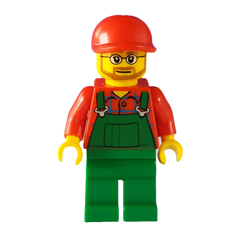 Homme, salopette verte sur chemise rouge, casquette rouge, barbe et lunettes (Man, Green Overalls over Red Shirt, Red Cap, Beard and Glasses)