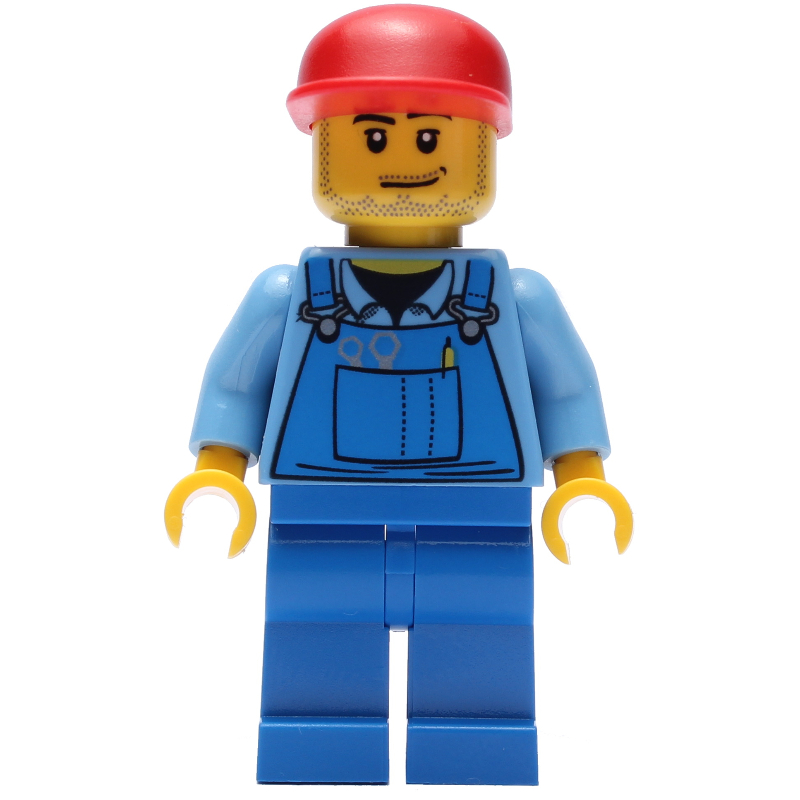 Homme, salopette bleue sur chemise, jambes bleues, casquette rouge, barbe naissante (Man, Blue Overalls over Shirt, Blue Legs, Red Cap, Stubble)