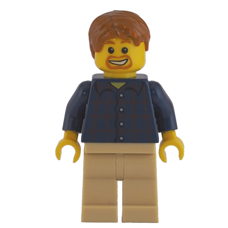 Homme, chemise à carreaux bleu foncé, jambes beiges, cheveux orange foncé, bouc (Man, Dark Blue Plaid Shirt, Tan Legs, Dark Orange Hair, Goatee Beard)