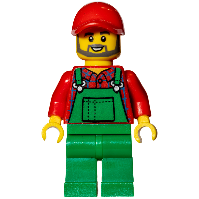 Homme, salopette verte sur chemise rouge, casquette rouge, barbe (Man, Green Overalls over Red Shirt, Red Cap, Beard)