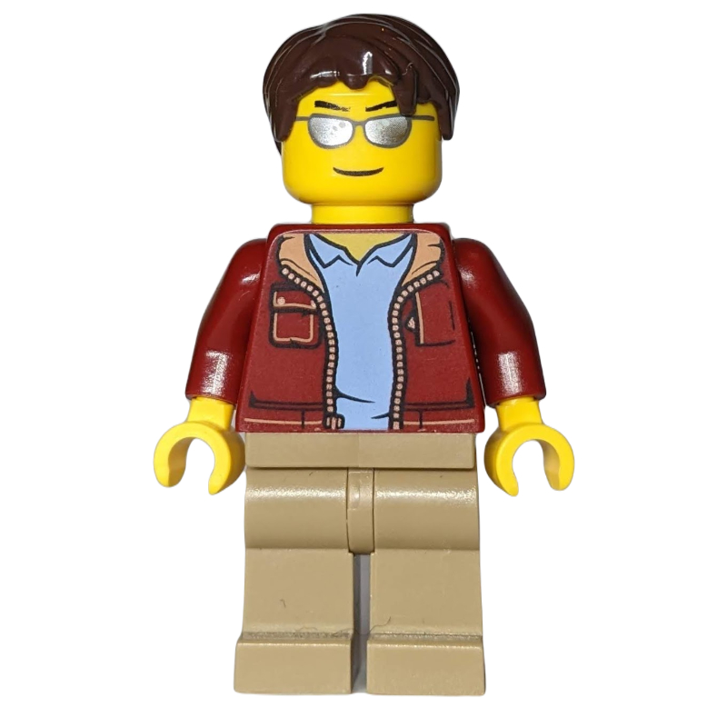 Homme, veste rouge foncé ouverte, jambes beige foncé, cheveux brun foncé, lunettes de soleil argentées (Man, Open Dark Red Jacket, Dark Tan Legs, Dark Brown Hair, Silver Sunglasses)