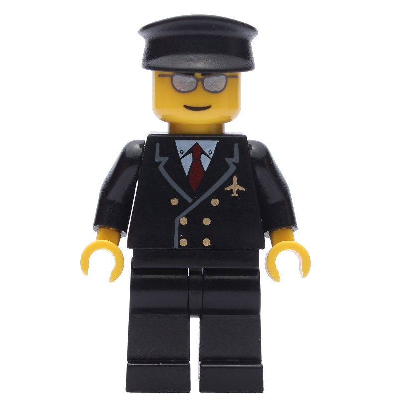 Pilote, costume noir avec cravate et badge avion, chapeau noir, lunettes de soleil argentées (Pilot, Black Suit with Tie and Airplane Badge, Black Hat, Silver Sunglasses)