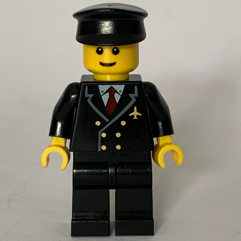 Pilote, costume noir avec cravate et badge avion, chapeau noir, sourcils bruns (Pilot, Black Suit with Tie and Airplane Badge, Black Hat, Brown Eyebrows)