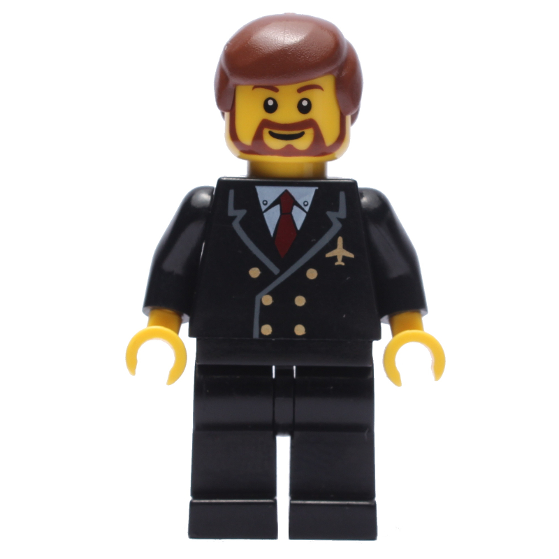 Pilote, costume noir avec cravate et badge avion, cheveux brun rougeâtre, barbe (Pilot, Black Suit with Tie and Airplane Badge, Reddish Brown Hair, Beard)