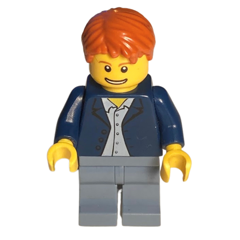 Homme, veste bleu foncé ouverte, jambes gris bleuté foncé, cheveux orange foncé (Man, Open Dark Blue Jacket, Dark Bluish Gray Legs, Dark Orange Hair)