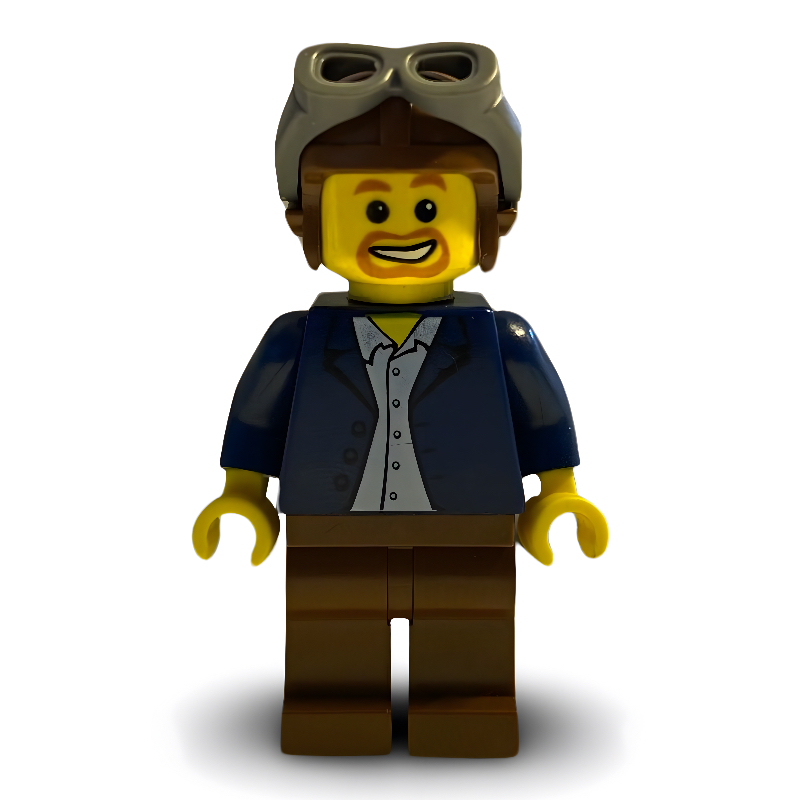 Homme, veste bleu foncé ouverte, jambes brun rougeâtre, casque et lunettes de protection (Man, Open Dark Blue Jacket, Reddish Brown Legs, Helmet and Goggles)