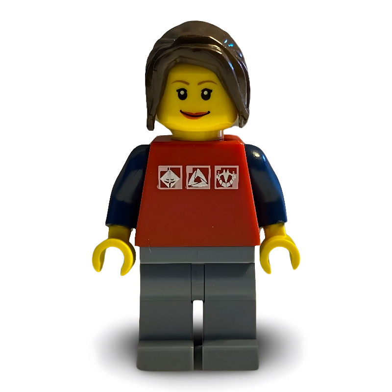 Femme, haut rouge avec bras bleu foncé, jambes bleu sable, cheveux brun foncé (Woman, Red Top with Dark Blue Arms, Sand Blue Legs, Dark Brown Hair)