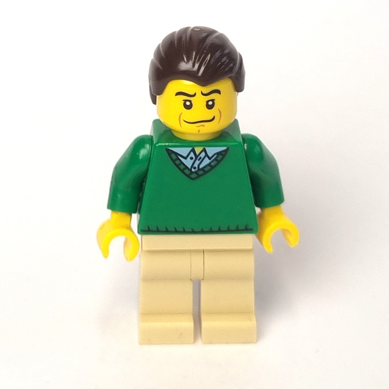 Homme, chandail vert à col en V, jambes beiges, cheveux brun foncé (Man, Green V-Neck Sweater, Tan Legs, Dark Brown Hair)