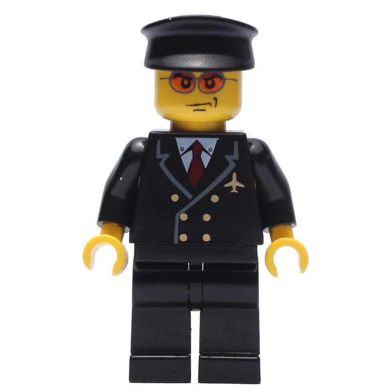 Pilote, costume noir avec cravate et badge avion, chapeau noir, lunettes de soleil orange (Pilot, Black Suit with Tie and Airplane Badge, Black Hat, Orange Sunglasses)