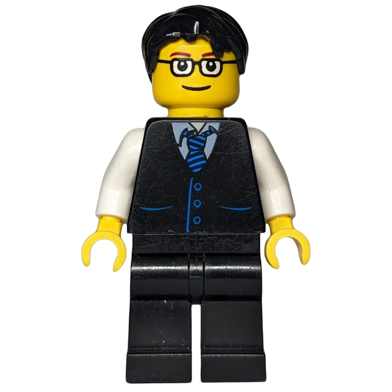 Homme, gilet noir et cravate, jambes noires, cheveux noirs, lunettes (Man, Black Vest and Tie, Black Legs, Black Hair, Glasses)