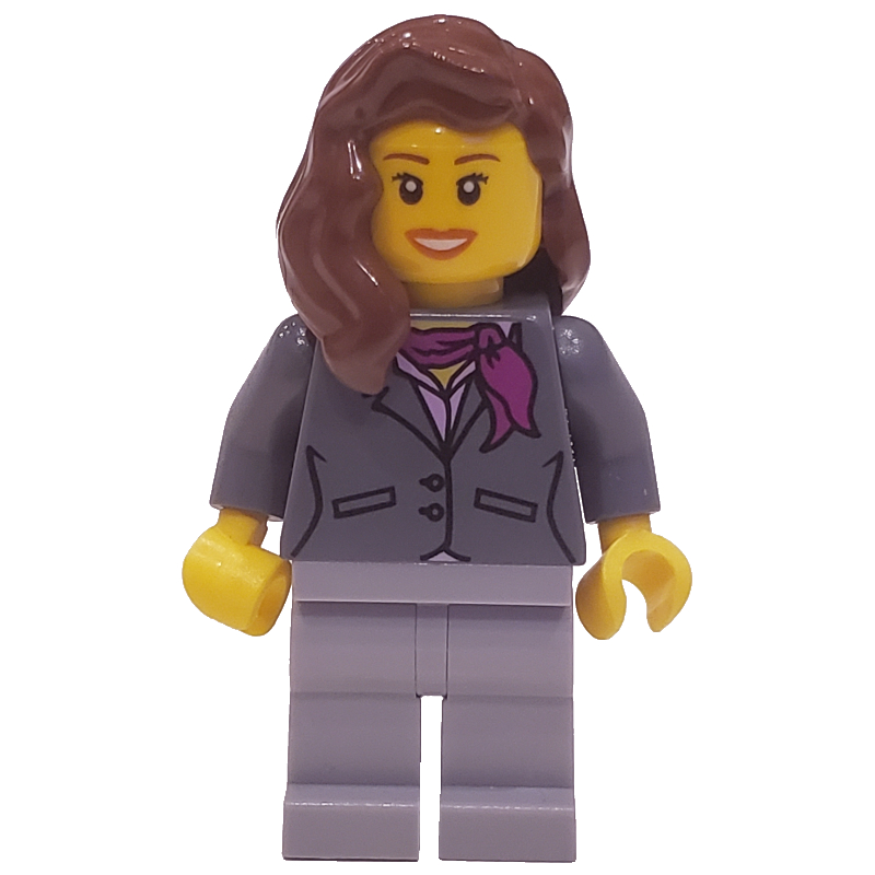 Femme, veste gris bleuté foncé avec écharpe magenta, jambes gris bleuté clair, cheveux brun rougeâtre, bouche ouverte (Woman, Dark Bluish Gray Jacket with Magenta Scarf, Light Bluish Gray Legs, Reddish Brown Hair, Open Mouth)