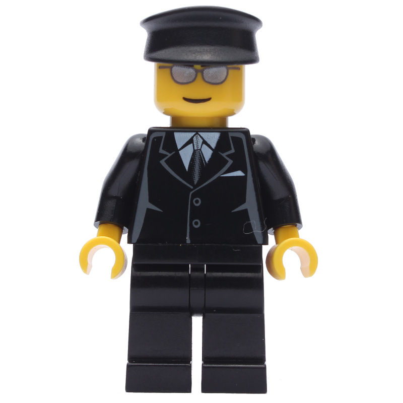 Homme, tenue noire et cravate, chapeau noir, lunettes de soleil argentées (Man, Black Suit and Tie, Black Hat, Silver Sunglasses)