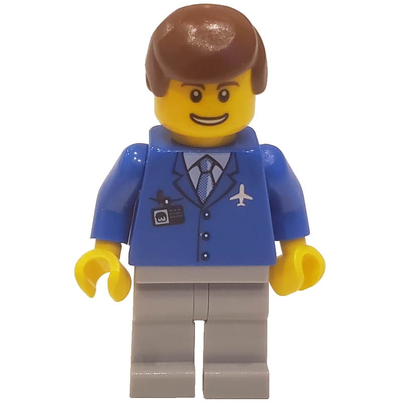 Travailleur de la compagnie aérienne, veste bleue avec cravate et logo de l'avion, jambes gris bleuté clair, cheveux brun rougeâtre (Airline Worker, Blue Jacket with Tie and Plane Logo, Light Bluish Gray Legs, Reddish Brown Hair)