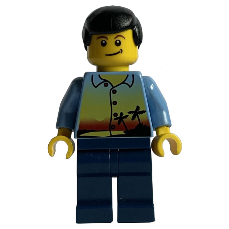 Homme, chemise bleu moyen avec palmiers et coucher de soleil, jambes bleu foncé, cheveux noirs (Man, Medium Blue Shirt with Palm Trees and Sunset, Dark Blue Legs, Black Hair)