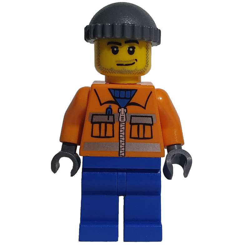 Agent au sol, veste orange avec fermeture à glissière et rayures réfléchissantes, jambes bleues, chapeau gris bleuté foncé, barbe naissante (Ground Crew, Orange Jacket with Zipper and Reflective Stripes, Blue Legs, Dark Bluish Gray Hat, Stubble)