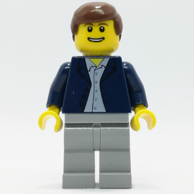 Homme, veste bleu foncé ouverte, jambes gris bleuté clair, cheveux brun rougeâtre (Man, Open Dark Blue Jacket, Light Bluish Gray Legs, Reddish Brown Hair)