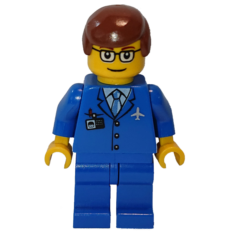 Travailleur de la compagnie aérienne, costume bleu avec cravate et logo de l'avion, cheveux brun rougeâtre, lunettes (Airline Worker, Blue Suit with Tie and Plane Logo, Reddish Brown Hair, Glasses)