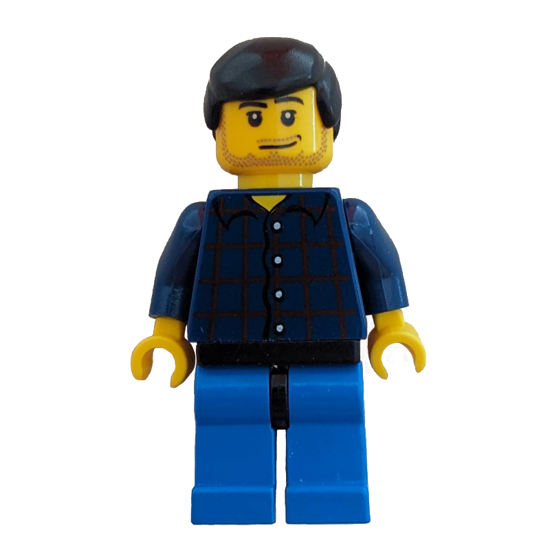 Homme, chemise à carreaux bleu foncé, jambes bleues, cheveux noirs, barbe naissante (Man, Dark Blue Plaid Shirt, Blue Legs, Black Hair, Stubble)