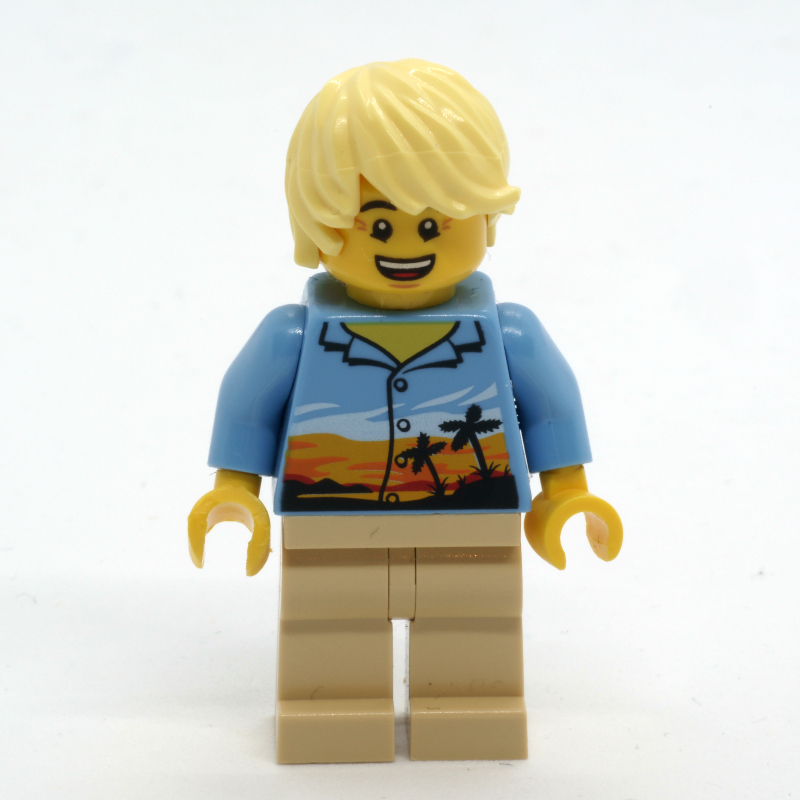 Homme, chemise bleu moyen avec palmiers et coucher de soleil, jambes beige, cheveux jaune clair vif (Man, Medium Blue Shirt with Palm Trees and Sunset, Tan Legs, Bright Light Yellow Hair)