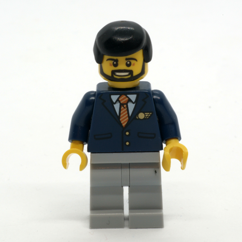 Pilote, veste bleu foncé avec cravate et badge ailes, jambes gris bleuté clair, cheveux noirs, barbe (Pilot, Dark BLue JAcket with Tie and Wings Badge, Light Bluish Gray Legs, Black Hair, Beard)
